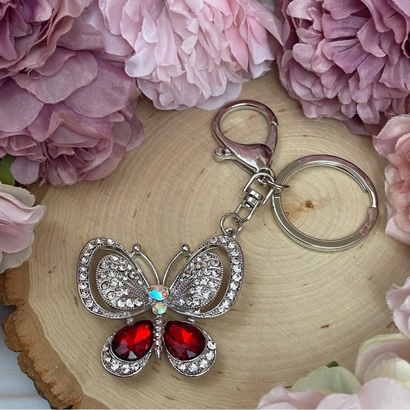 Silver and Ruby Red Crystal Butterfly Keychain Charm - Picture 9 of 16